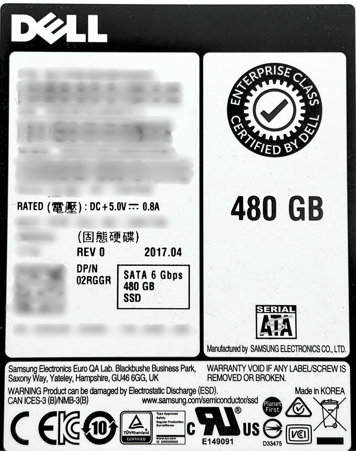 Dell 02RGGR 480GB SSD Sata 2.5 6g mu sm863a, Used