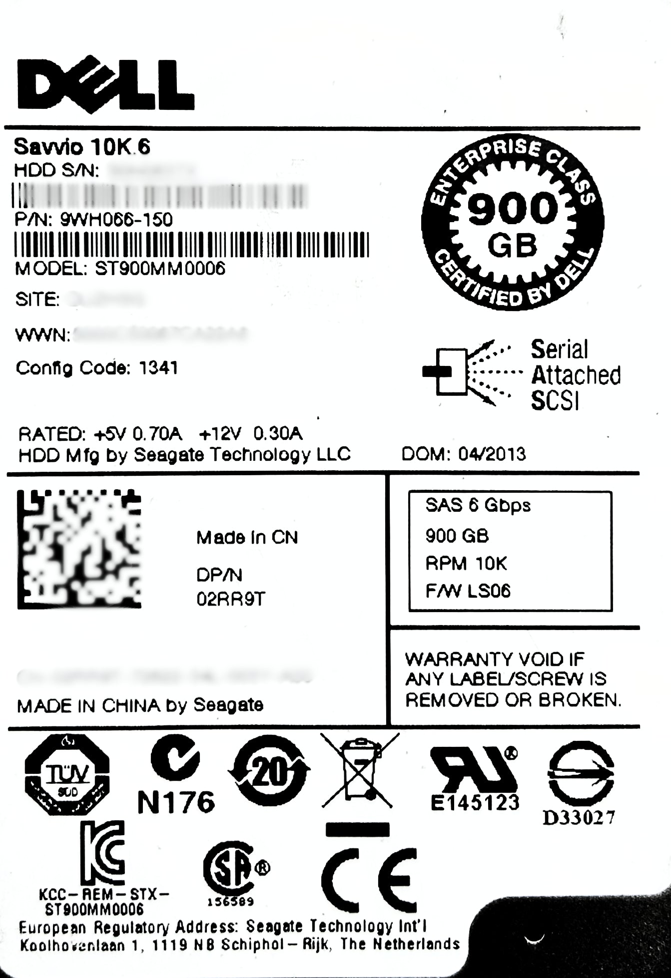 Dell 02RR9T 900GB 10K SAS 2.5" 6G, Used
