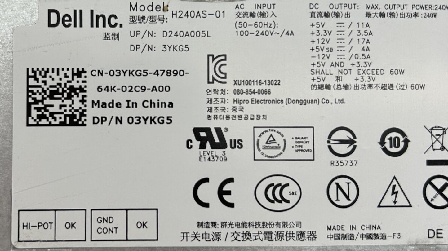 Dell 02TXYM 240W Power Supply OPT 990 SFF, Used