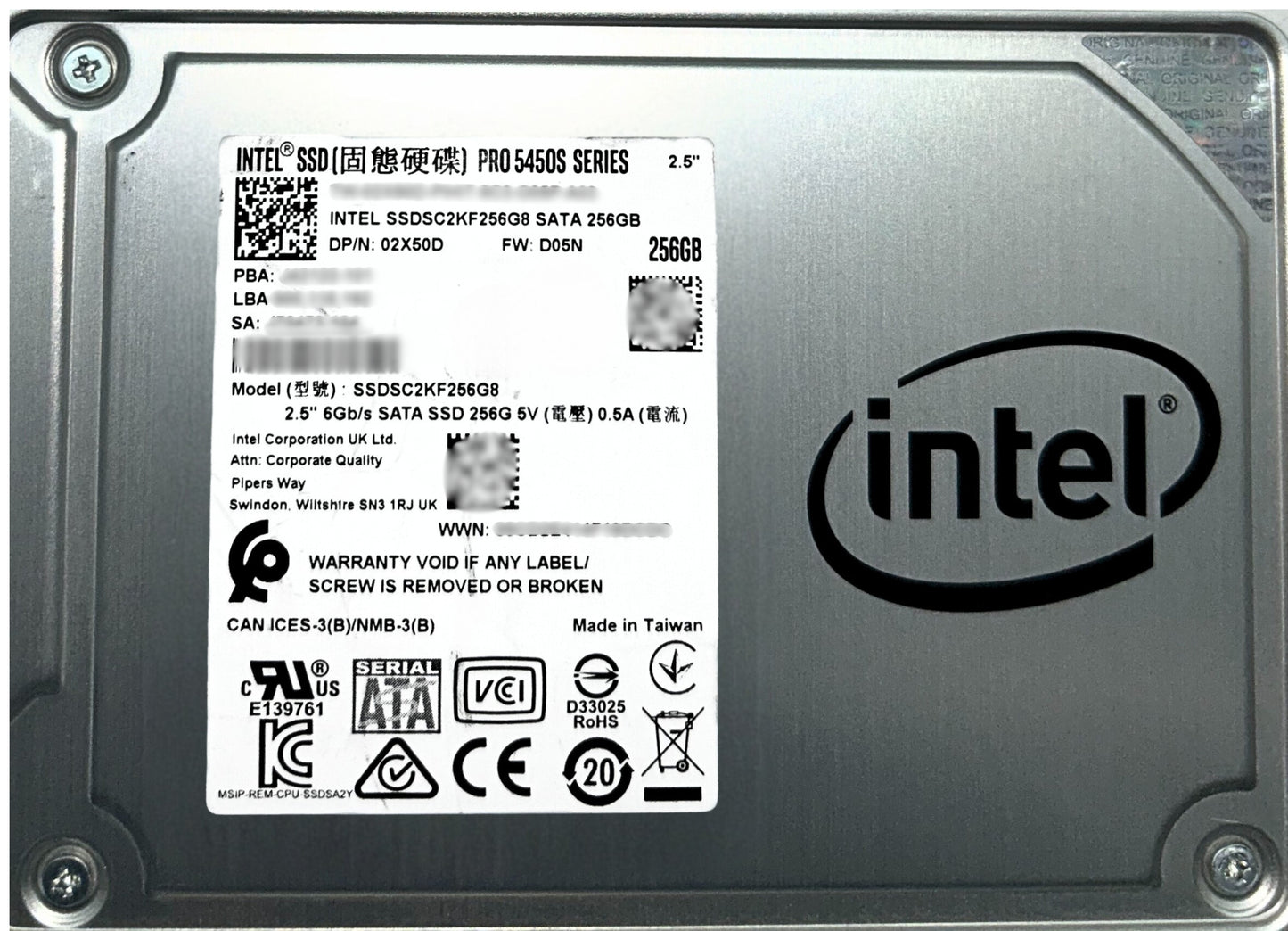 Dell 02X50D 256GB SSD SATA 2.5 Intel Pro 5450S, Used