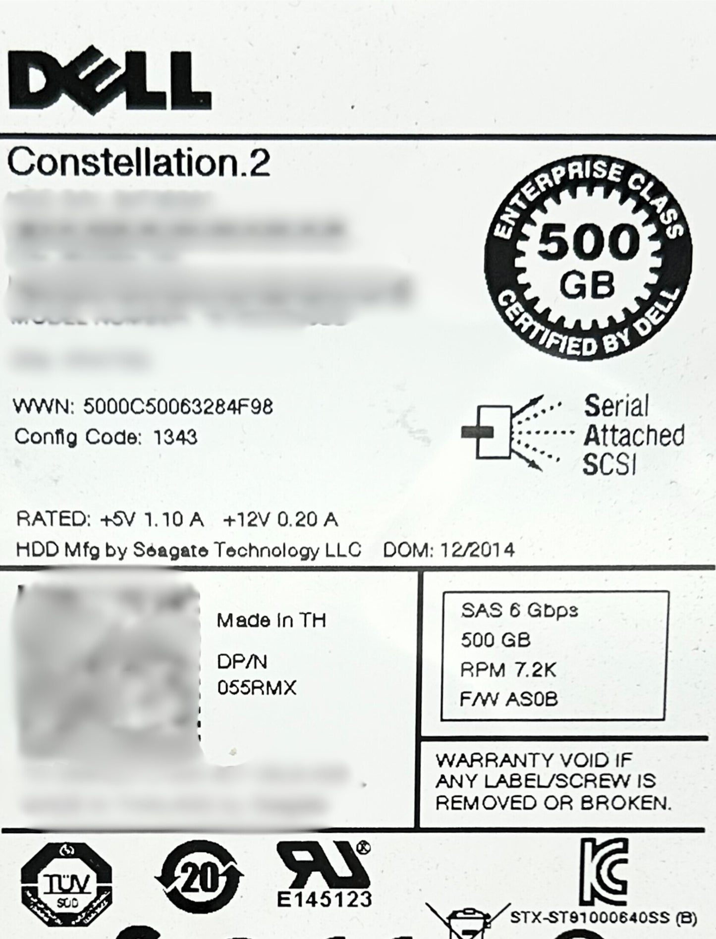 Dell 055RMX 500GB 7.2K SAS 2.5" 6G EP, Used