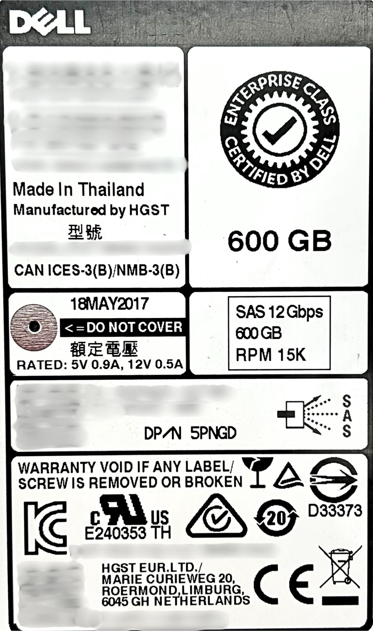 Dell 05PNGD 600GB 15K SAS 2.5 12G, Used