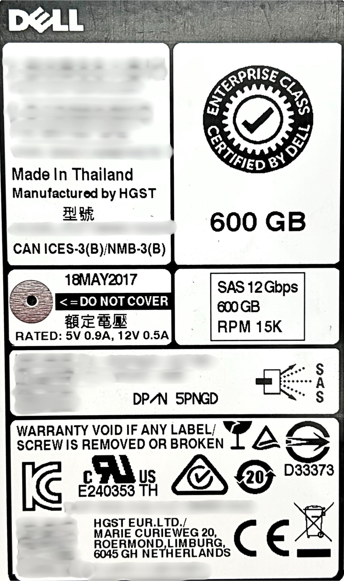 Dell 05PNGD 600GB 15K SAS 2.5 12G, Used
