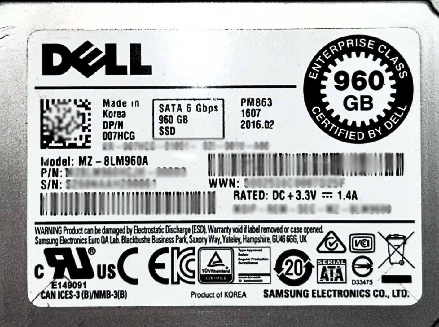 Dell 07HCG 960GB SSD SATA 1.8' 6G RI MZ8LM960HCJH-000D3 / MZ-8LM960A, Used