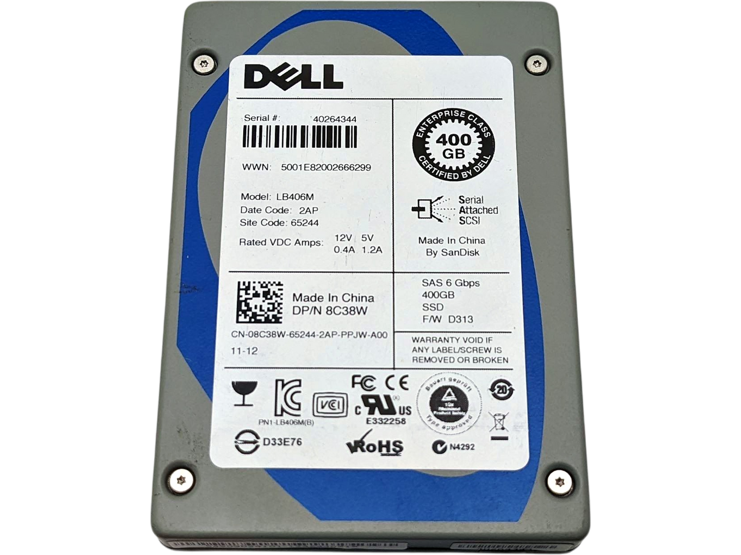 Dell 08C38W 400GB SSD SAS 2.5" 6G MU, Used