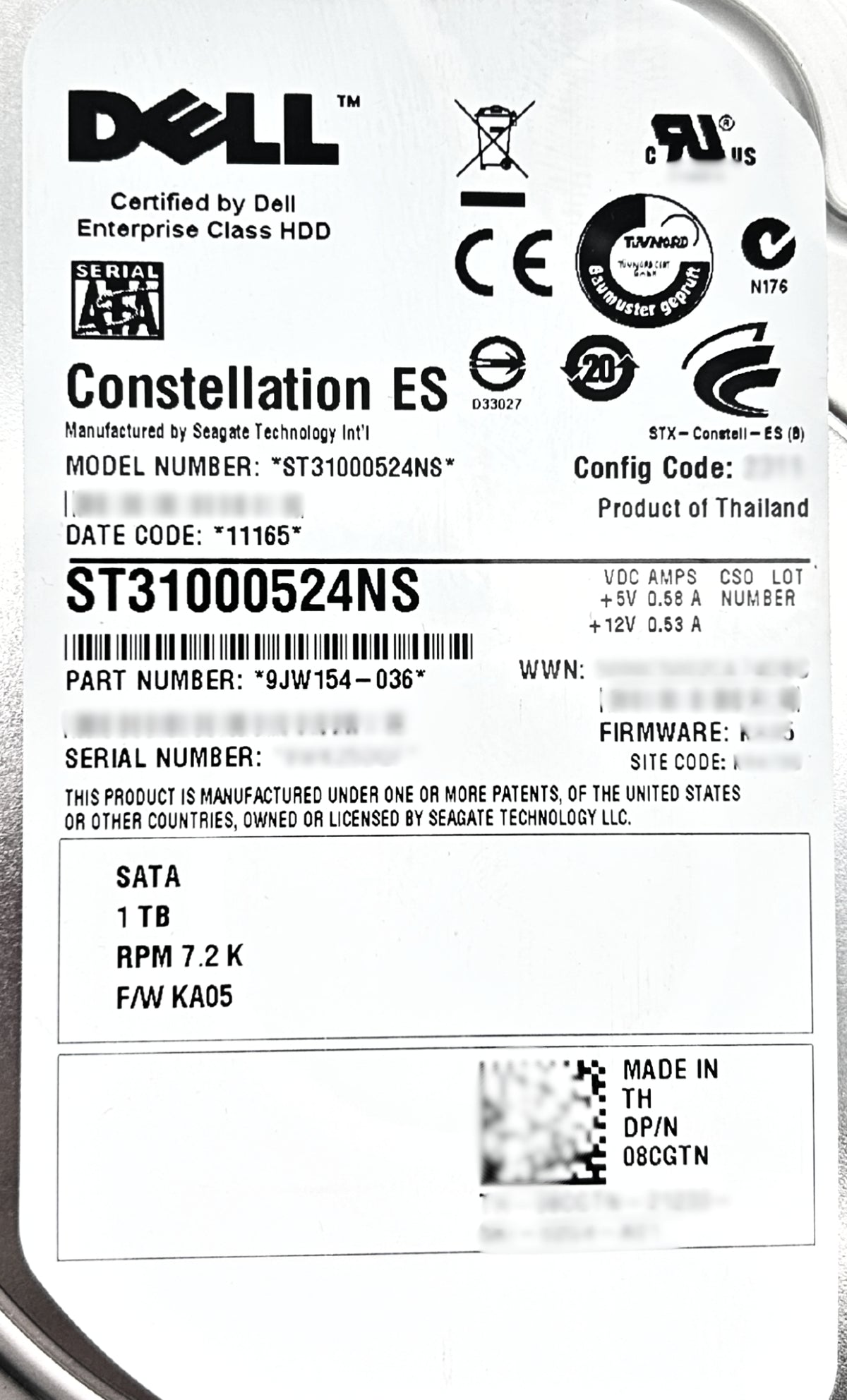 Dell 08CGTN 1TB 7.2K SATA 3.5 3G EP 9JW154-036, Used