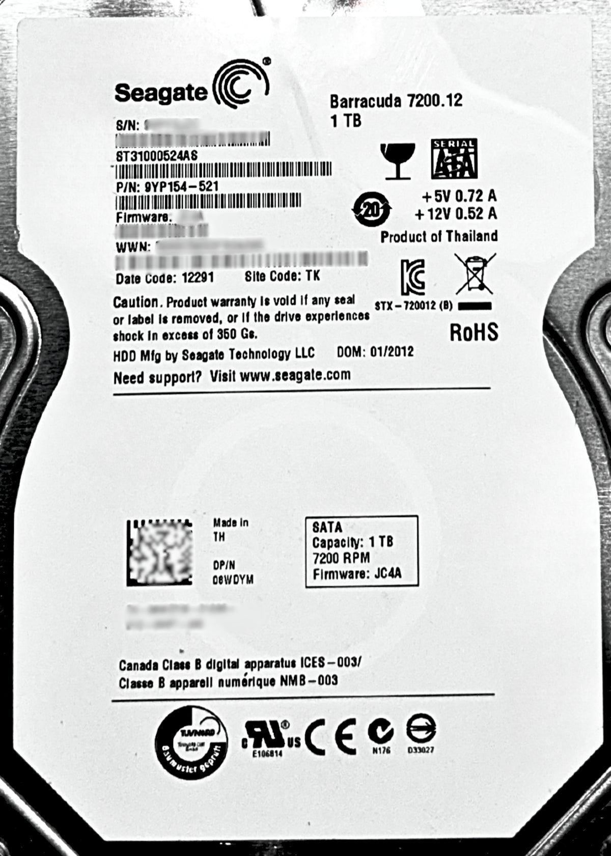 Dell 08WDYM 1TB 7.2K SATA 3.5 6G DT ST31000524, Used