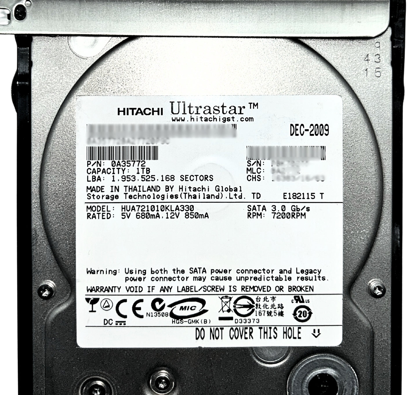 Dell 0A35772 1TB 7.2K SATA 3.5 3G HUA721010KLA330 / 0A35772, Used