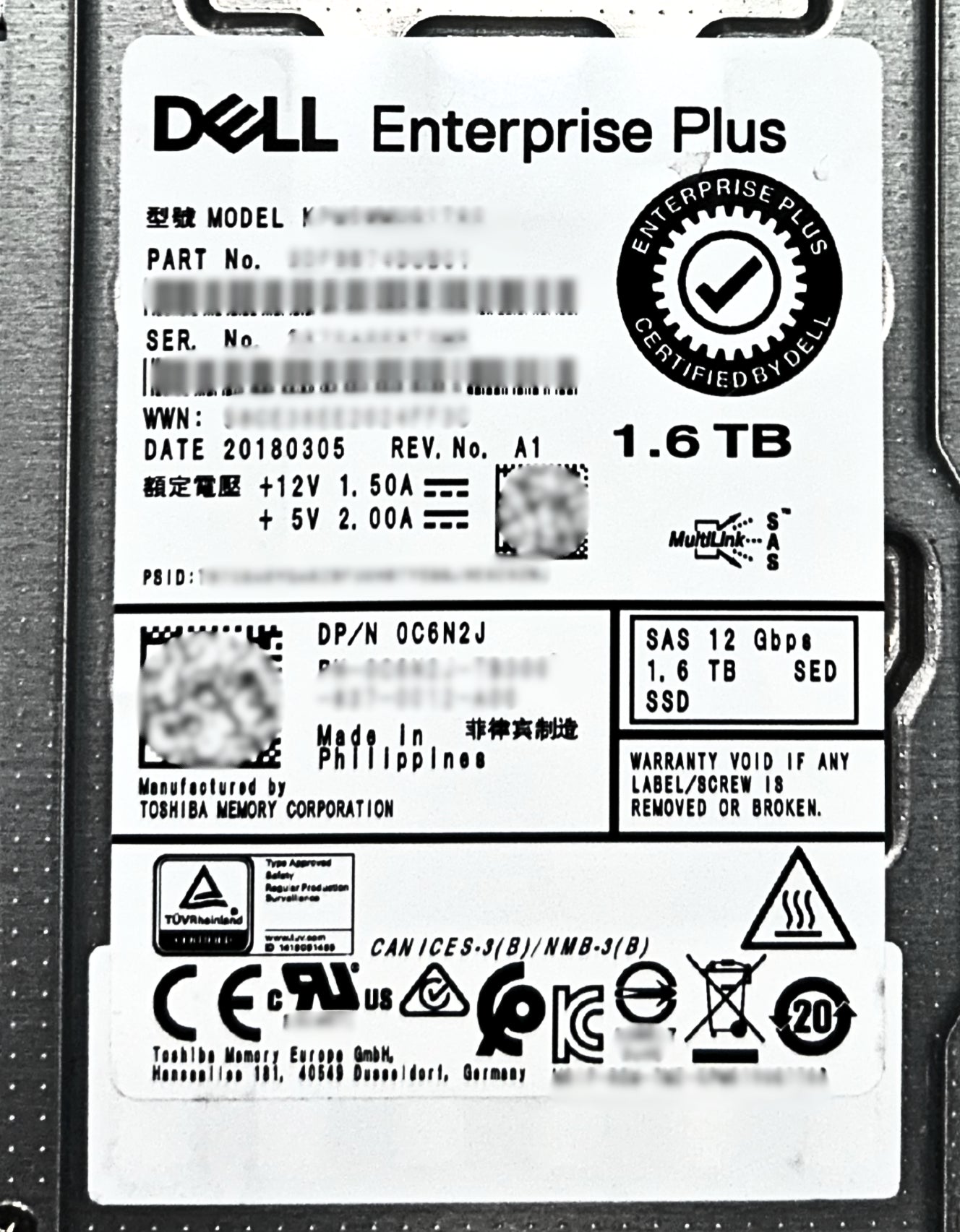 Dell 0C6N2J 1.6tb SSD SAS 2.5 12g SED HDD, Used