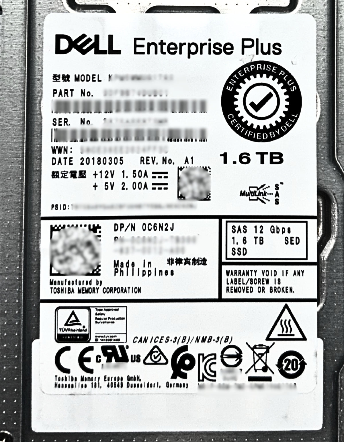 Dell 0C6N2J 1.6tb SSD SAS 2.5 12g SED HDD, Used