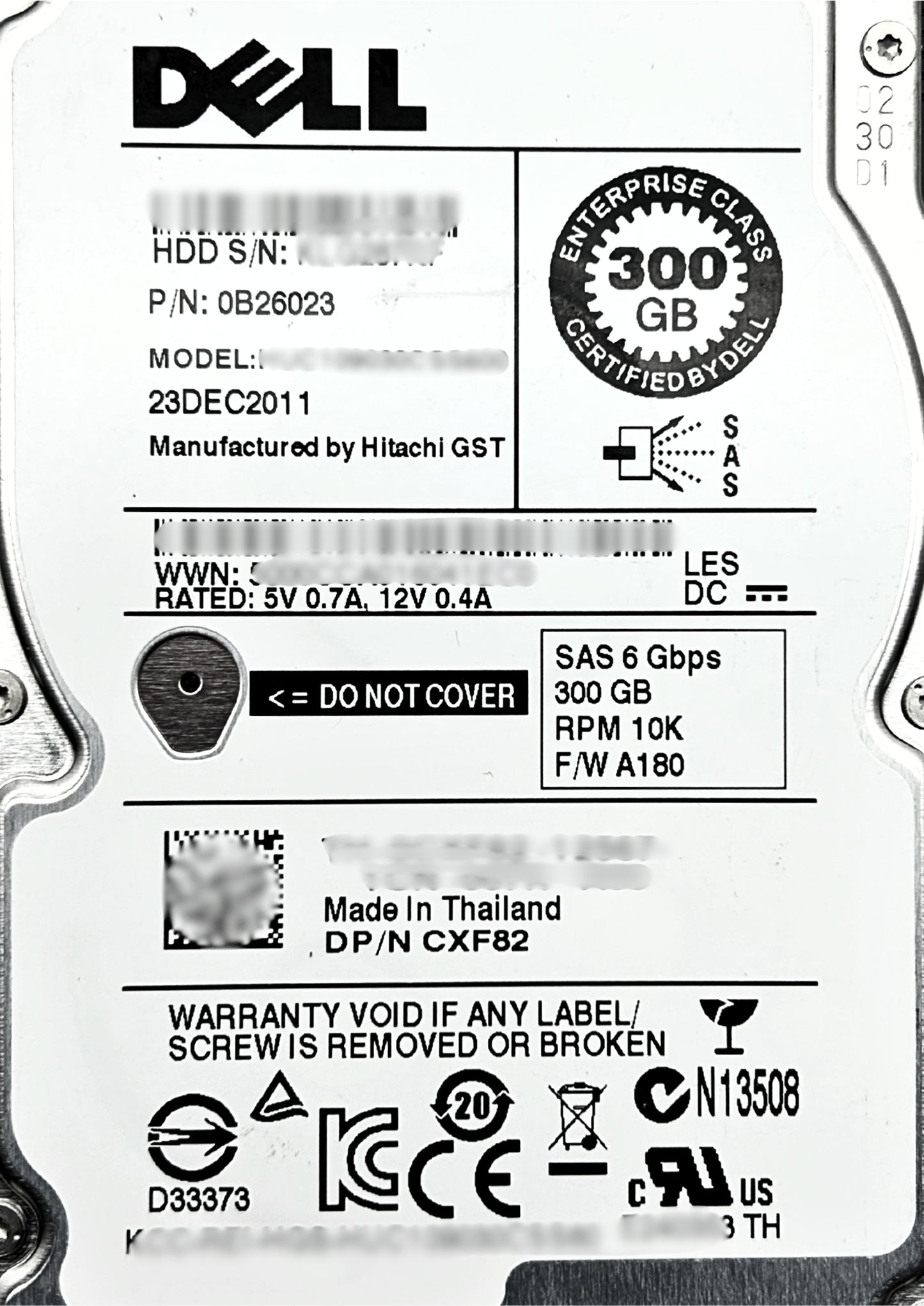 Dell 0CXF82 300GB 10K SAS 2.5 6G HUC109030CSS60, Used