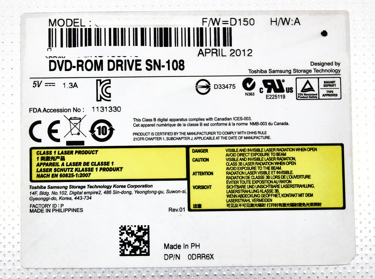 Dell 0DRR6X DVD-ROM 12X SLOM SATA R720/R820, Used