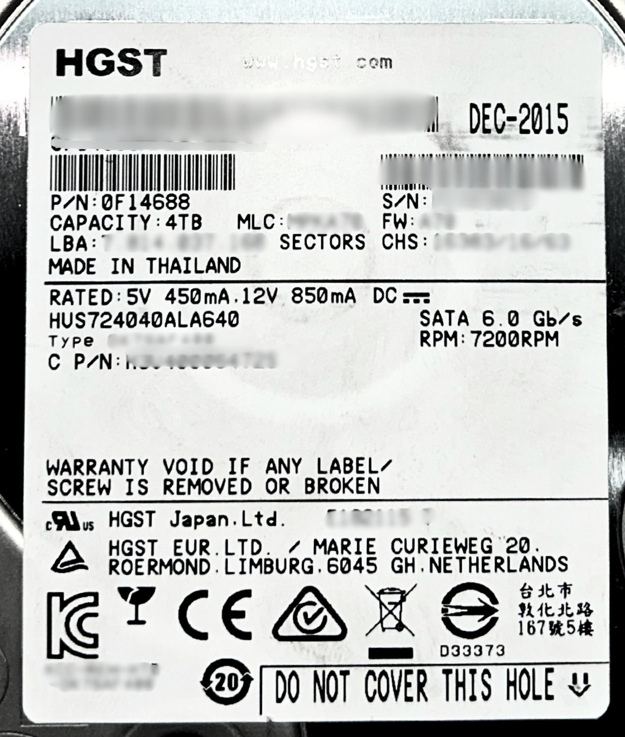 Dell 0F14688 4TB 7.2K SATA 3.5 6G, Used