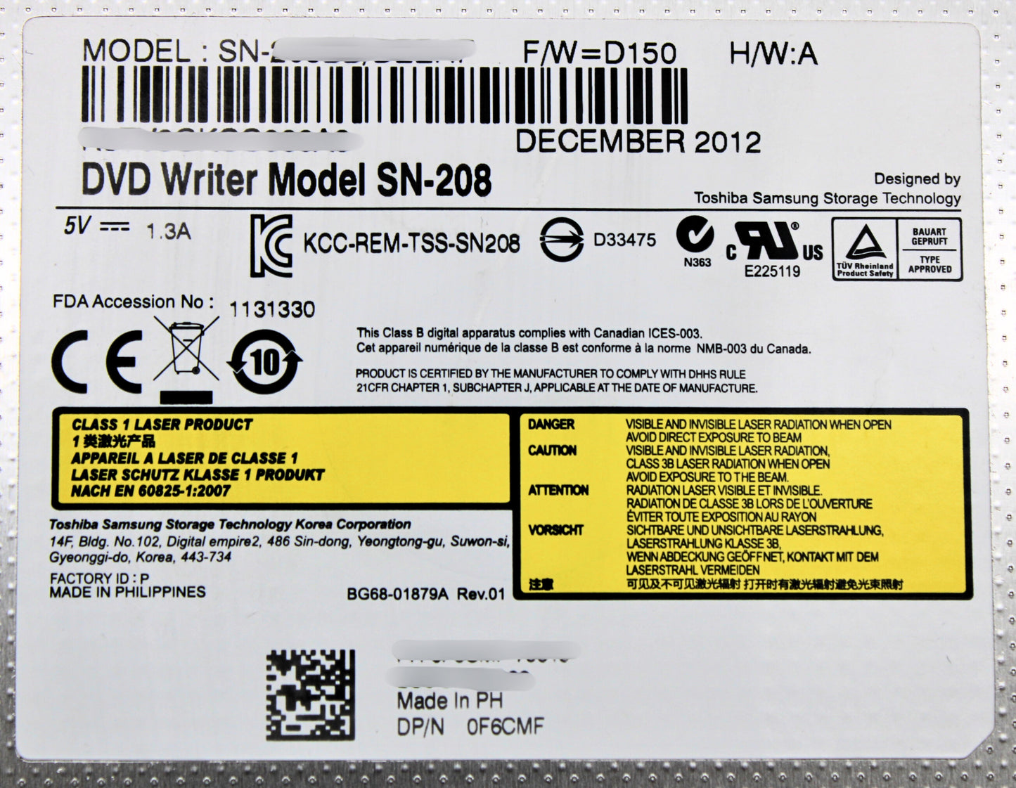 Dell 0F6CMF DVD +/ -RW 8X SLIM SATA R720, Used