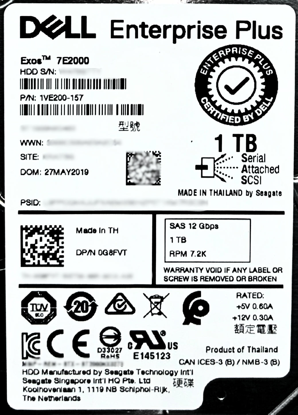 Dell 0G8FVT 1TB 7.2K SAS 2.5 12G 1VE200-157 E+, Used