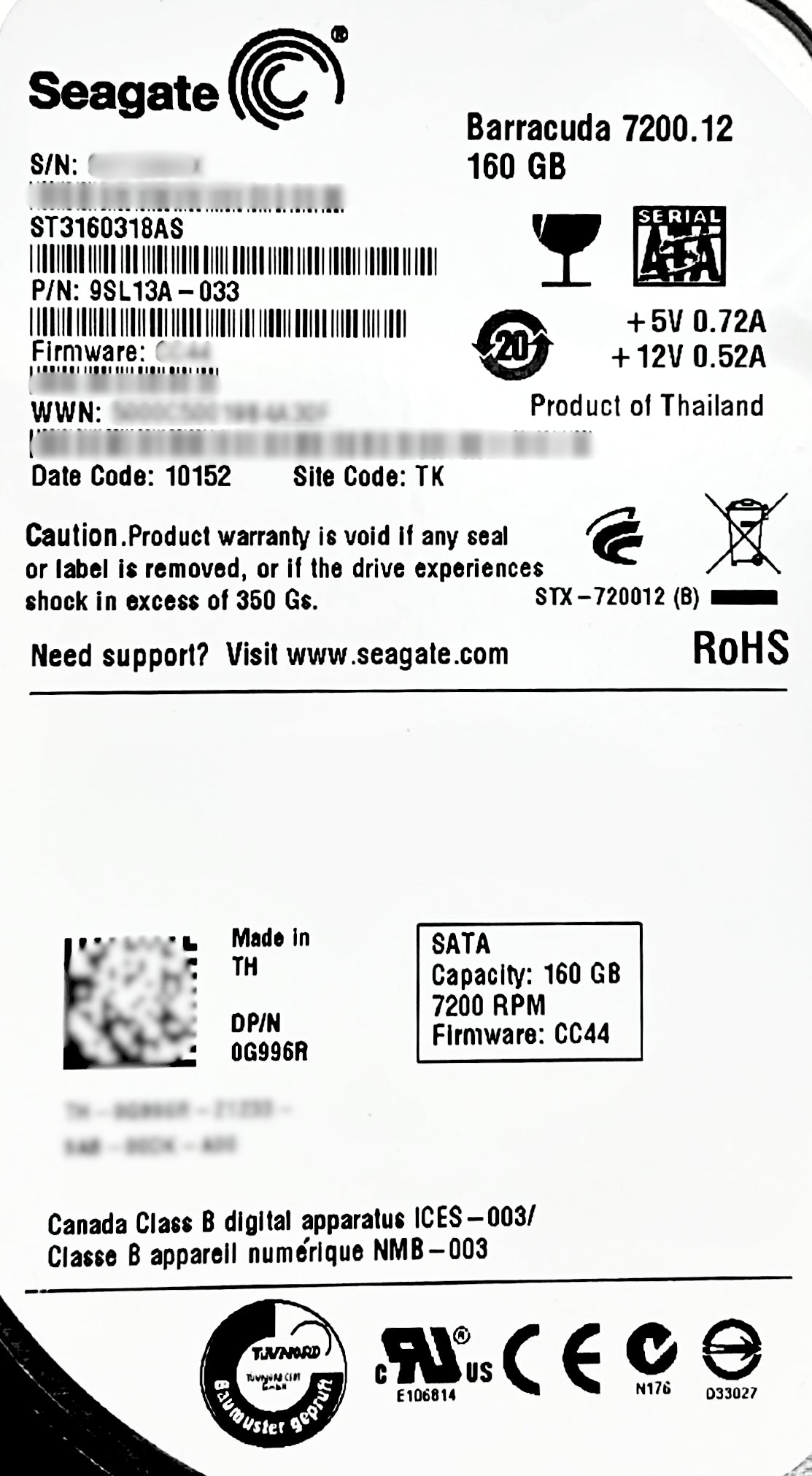 Dell 0G996R 160GB 7.2K SATA 3.5 3G, Used