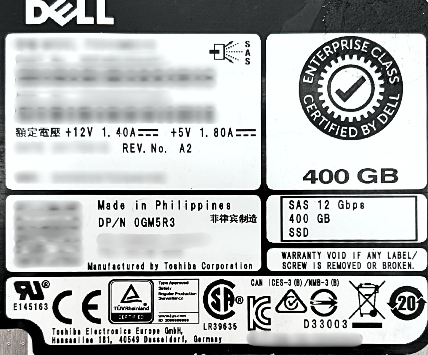 Dell 0GM5R3 400GB SSD SAS 2.5 12G MU, Used