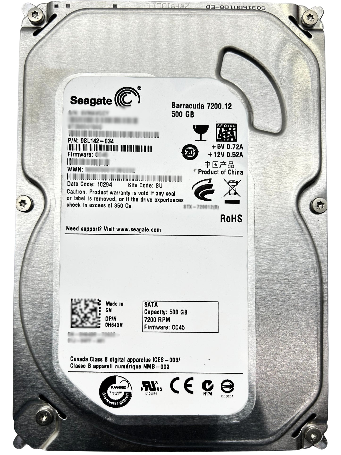 Dell 0H643R 500GB 7.2K SATA 3.5 3G SEAGATE DT, Used