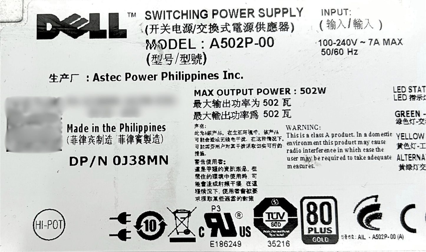 Dell 0J38MN 502W POWER SUPPLY V3 R610, Used