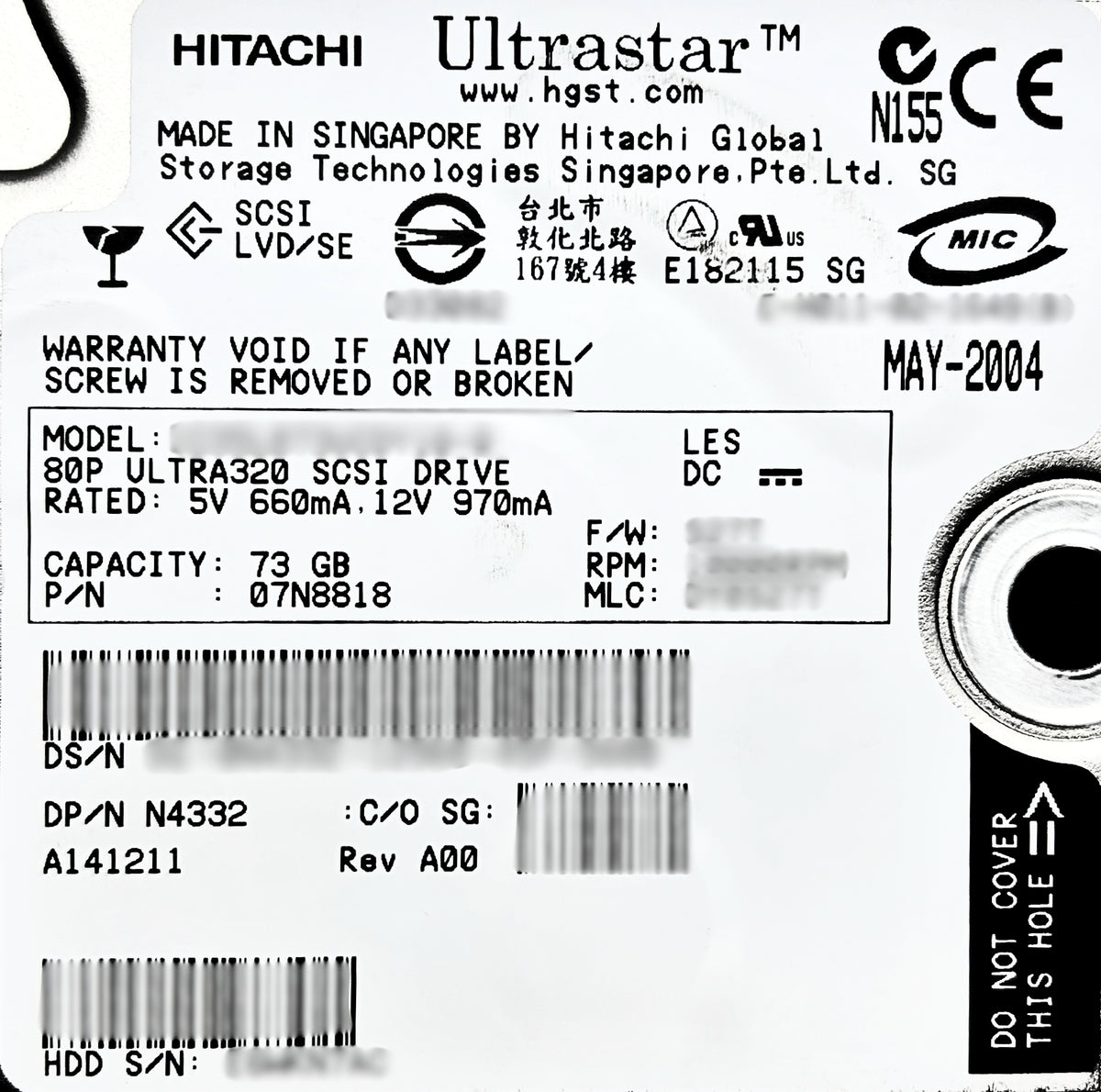 Dell 0N4332 Ultrastar 73GB Ultra320 3.5 HDD Hard Drive, Used