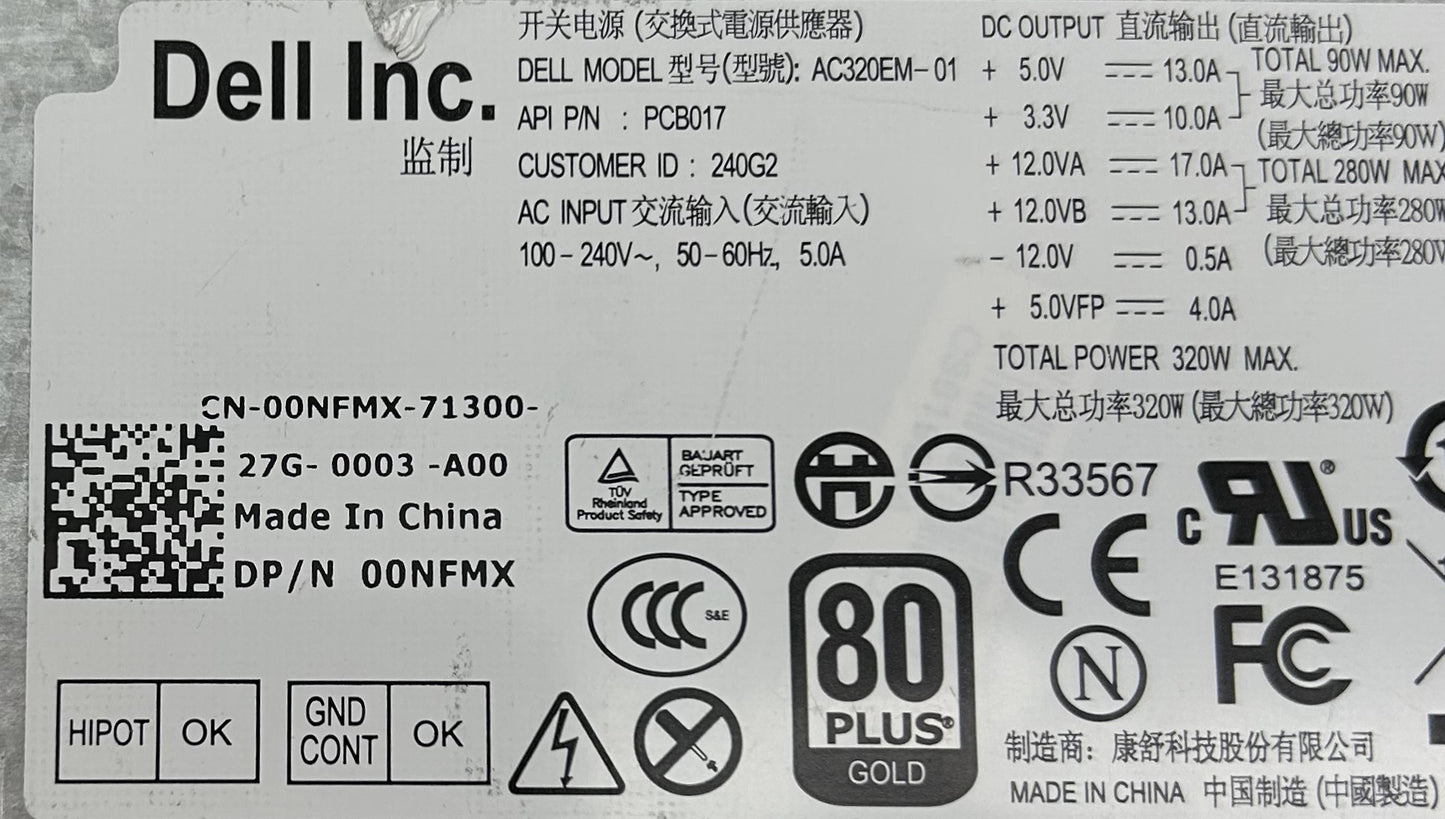 Dell 0NFMX 320W Power Supply Precision T1650, Used