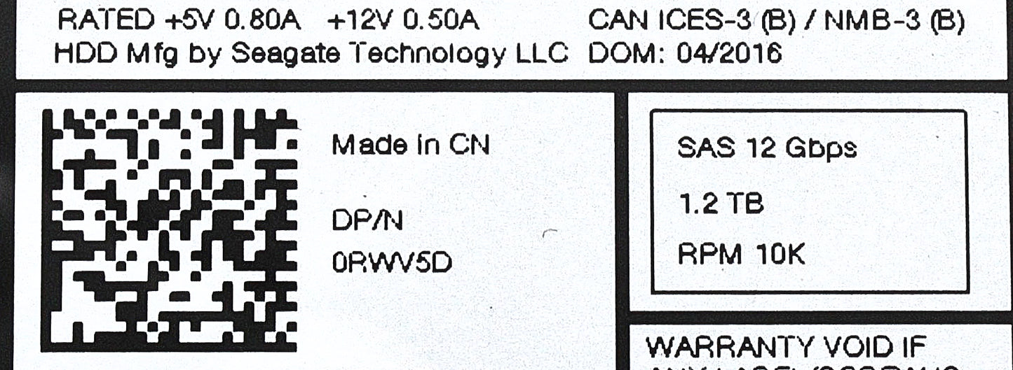 Dell 0RWV5D 1.2TB 10K SAS 2.5" 12G, Used