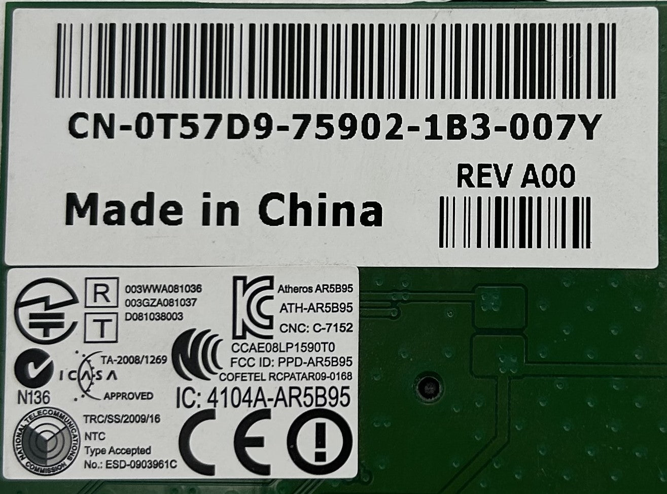 Dell 0T57D9 WLAN LOW PROFILE PCI-E CARD, Used