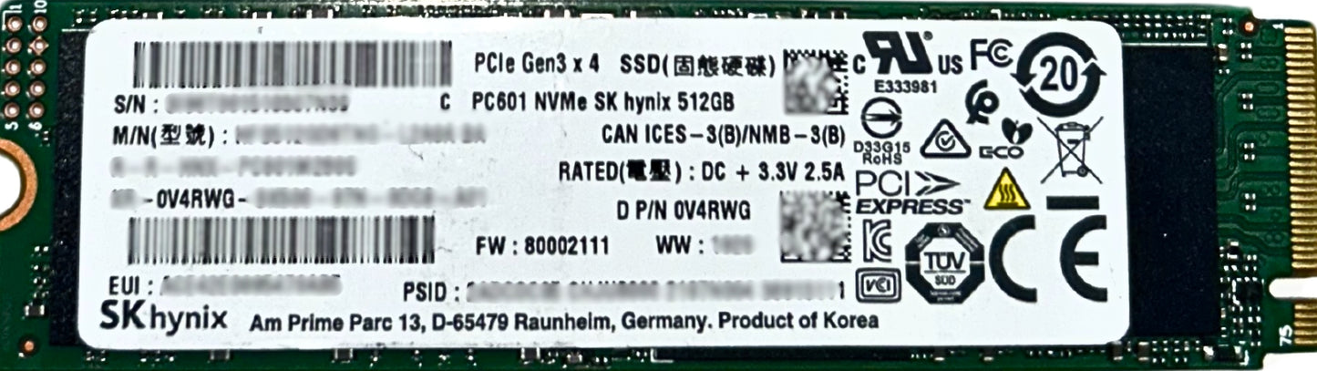 Dell 0V4RWG 512GB SSD M.2 NVME G3 2280 PC601 (1, Used