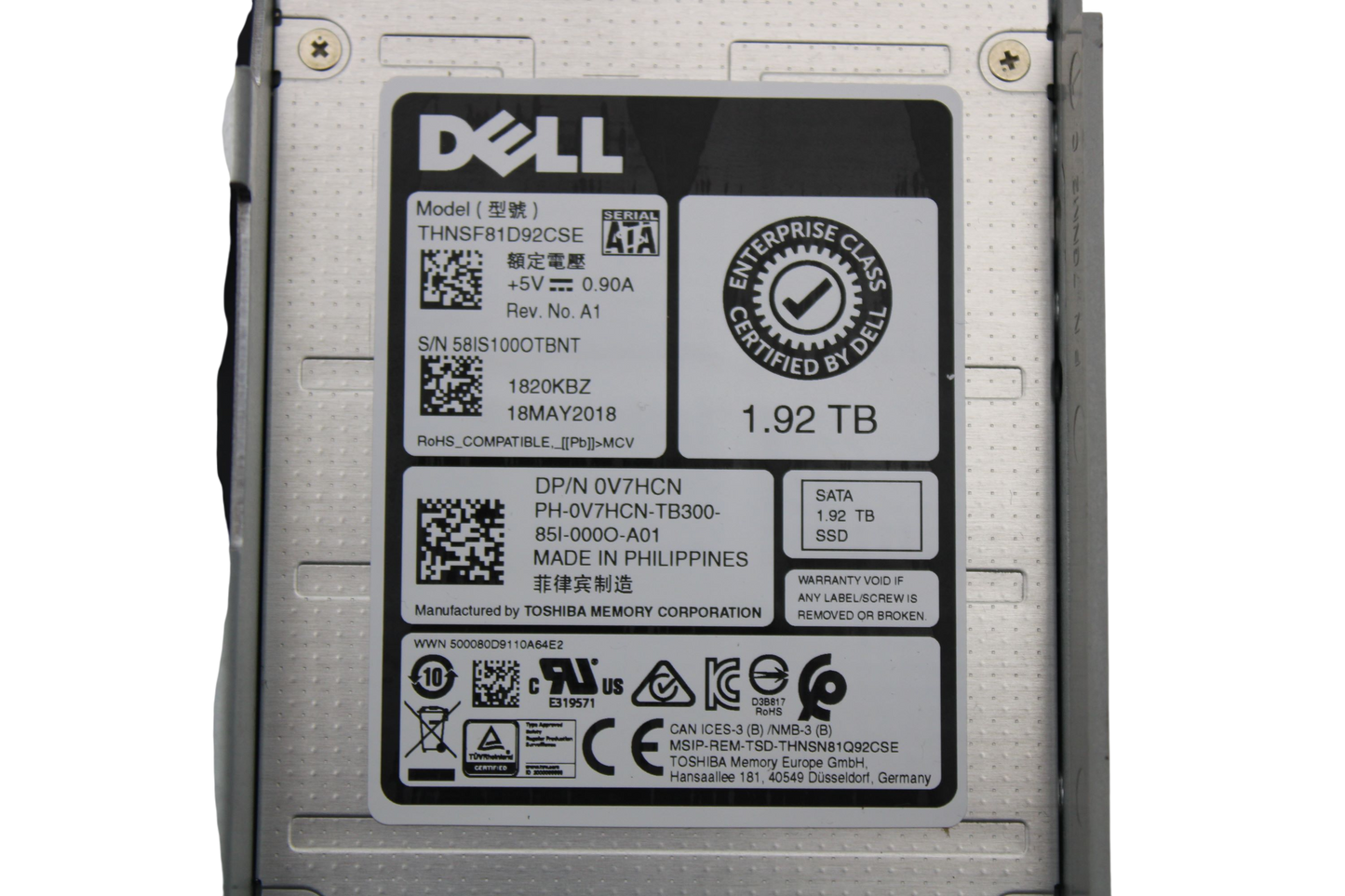 Dell 0V7HCN 1.92TB SSD SATA 3.5 Hybrid 6G RI, Used