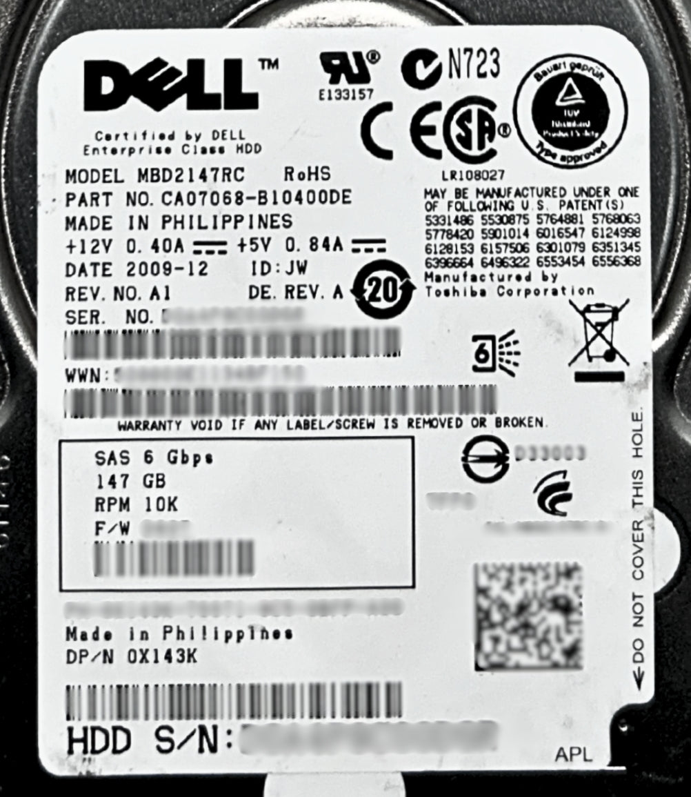Dell 0X143K 146GB 10K SAS 2.5 6G MBD2147RC, Used
