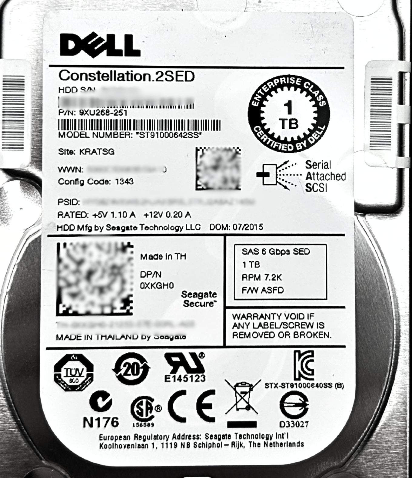 Dell 0XKGH0 1TB 7.2K SAS 2.5 6G 9XU268-251 SED, Used