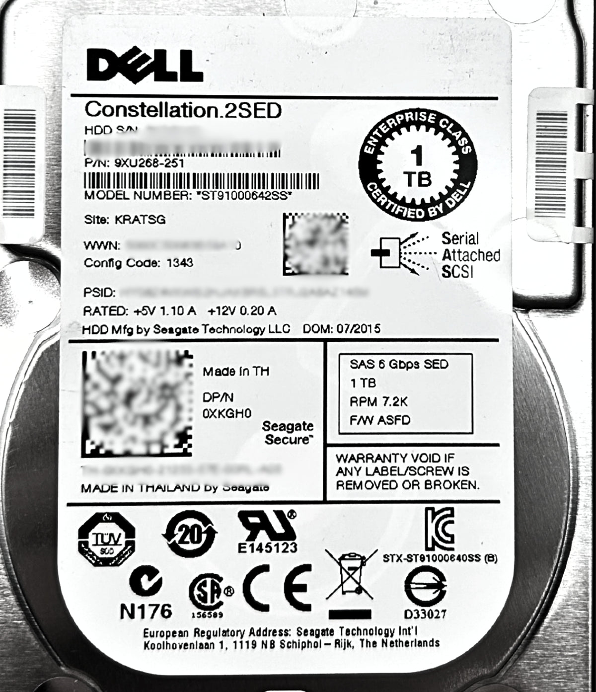 Dell 0XKGH0 1TB 7.2K SAS 2.5 6G 9XU268-251 SED, Used