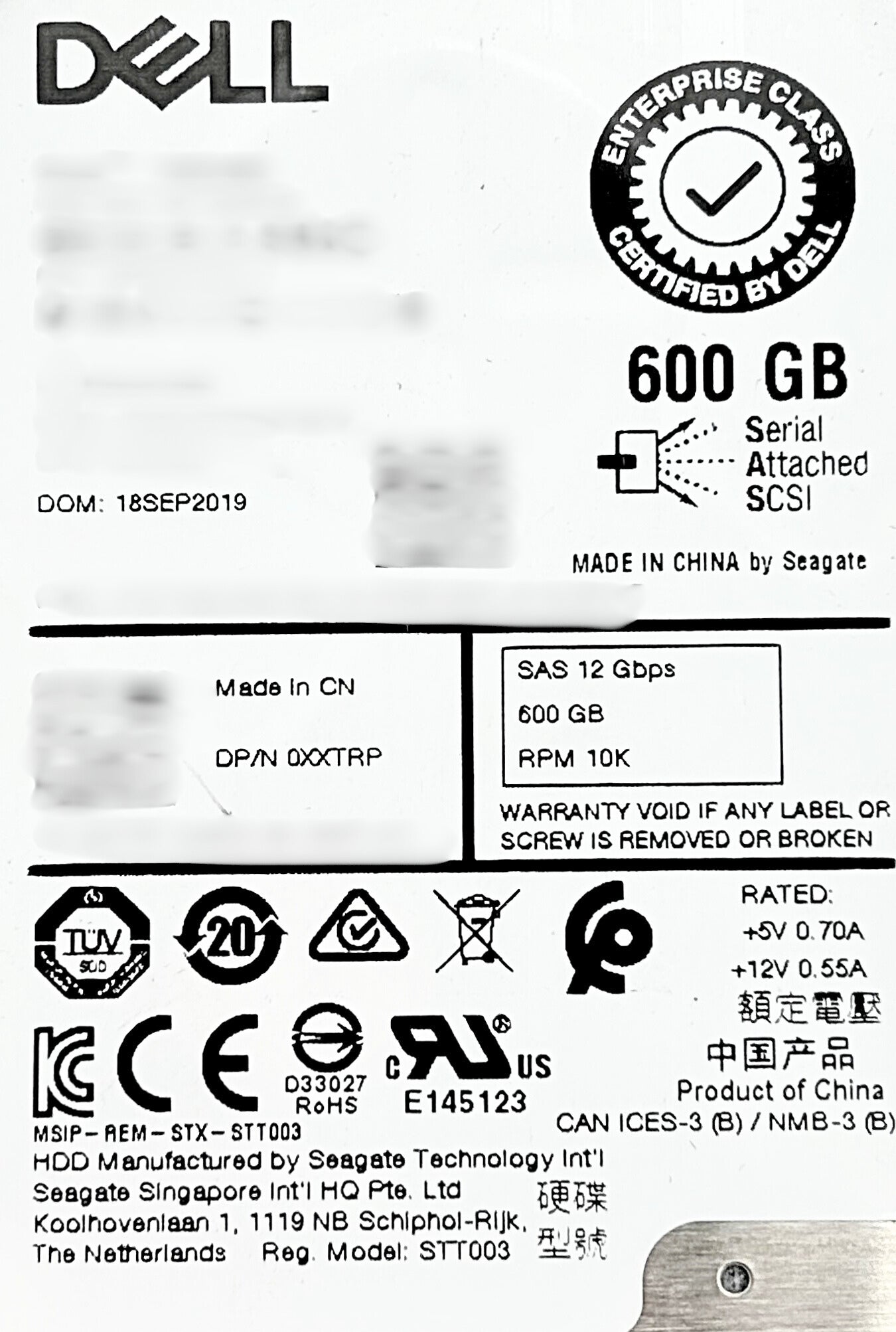 Dell 0XXTRP 600GB 10K SAS 2.5" 12G, Used