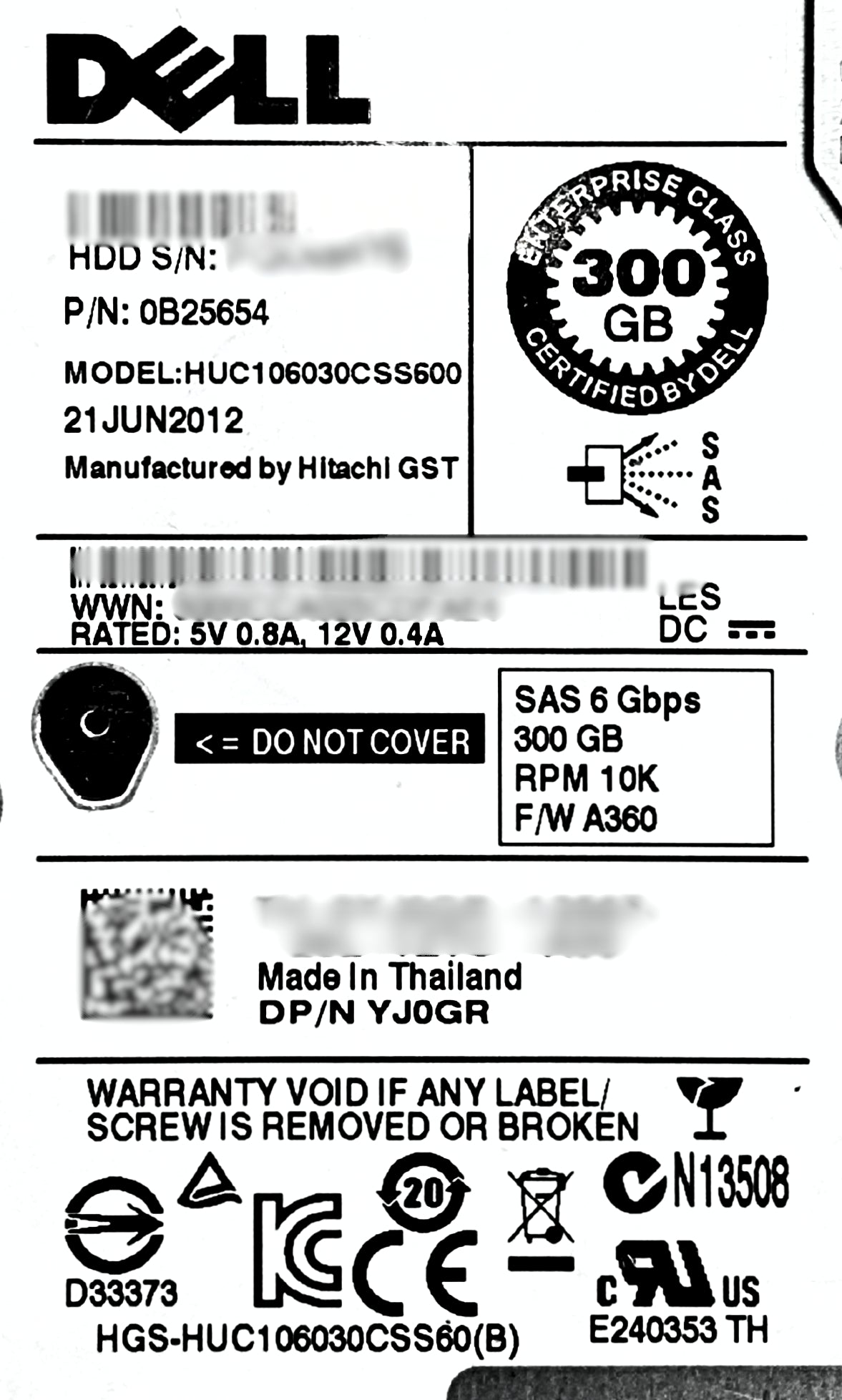 Dell 0YJ0GR 300GB 10K SAS 2.5 6G, Used