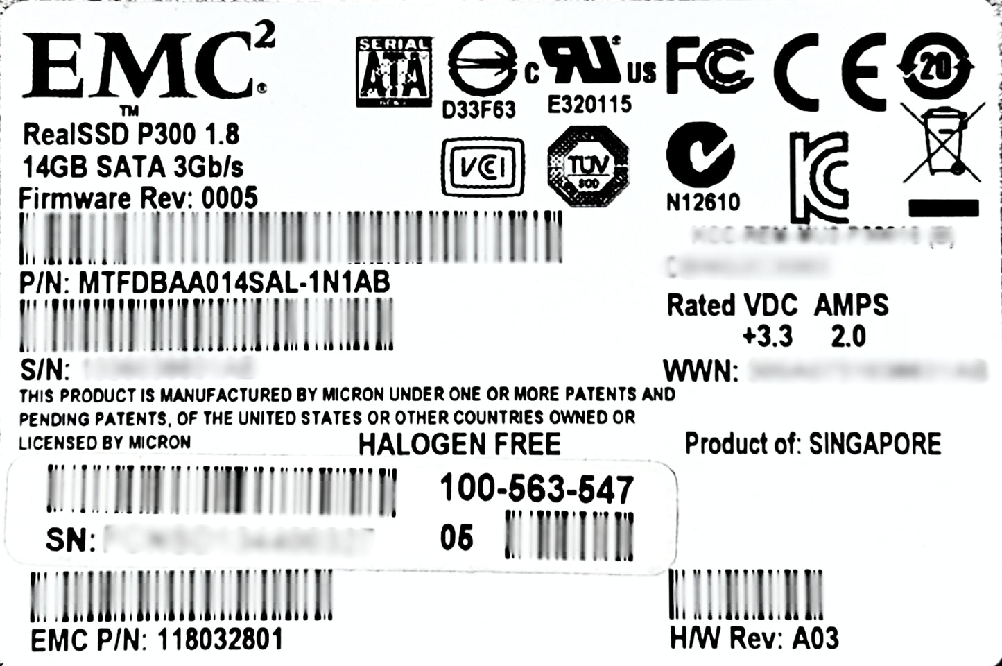Dell 100-563-547 14GB 1.8" SATA SSD, Used