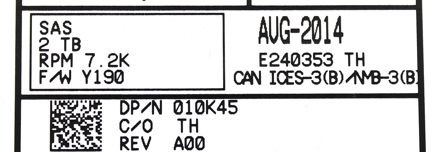 Dell 10K45 2TB 7.2K SAS 3.5 6G, Used
