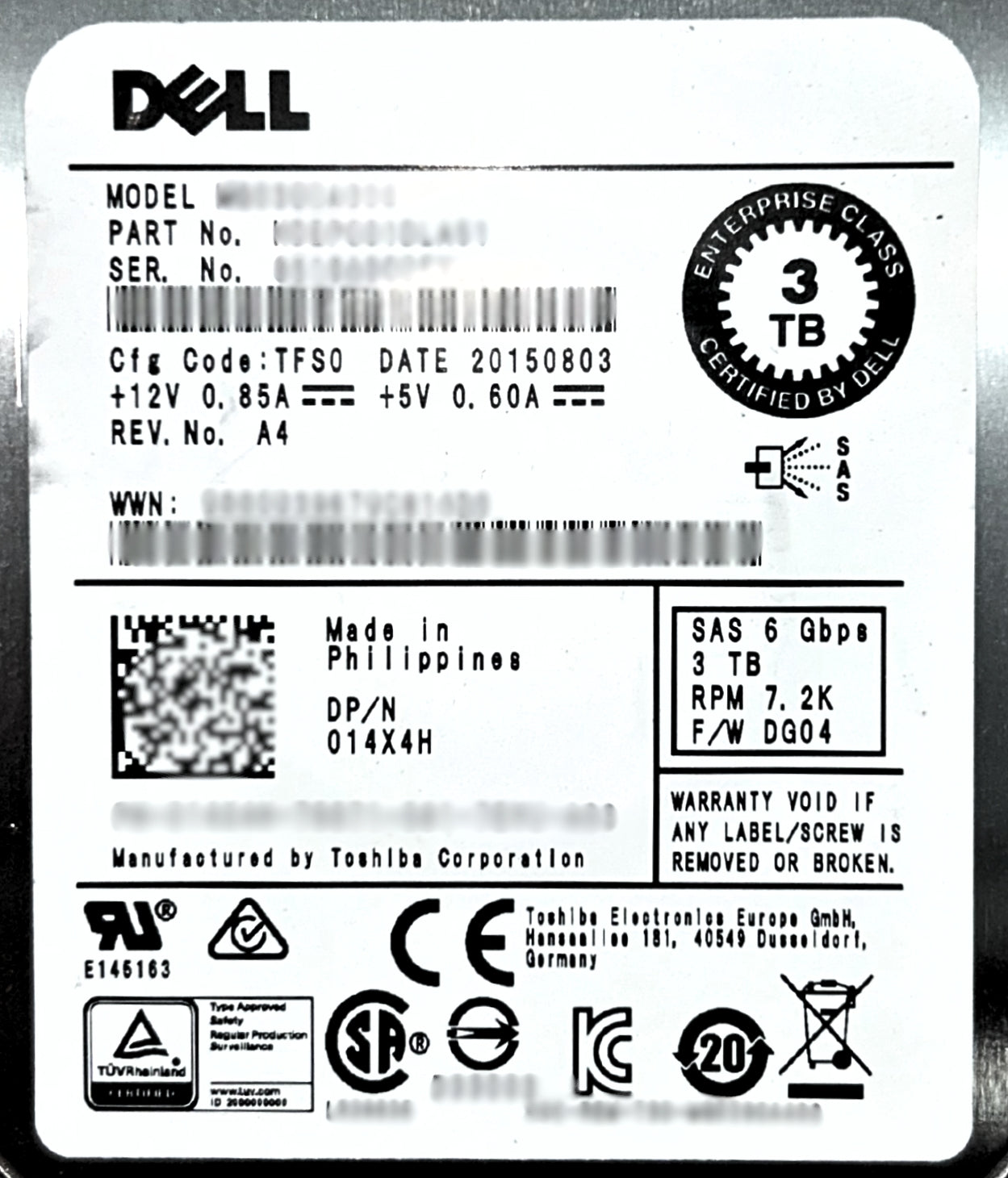 Dell 14X4H 3TB 7.2K SAS 3.5 6G EP MG03SCA300, Used