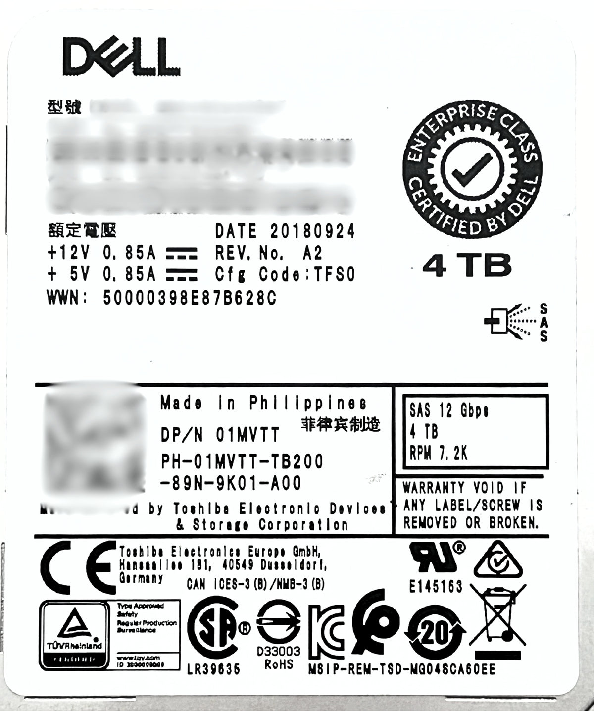 Dell 1MVTT 4TB SAS 3.5" 12G HDD, Used
