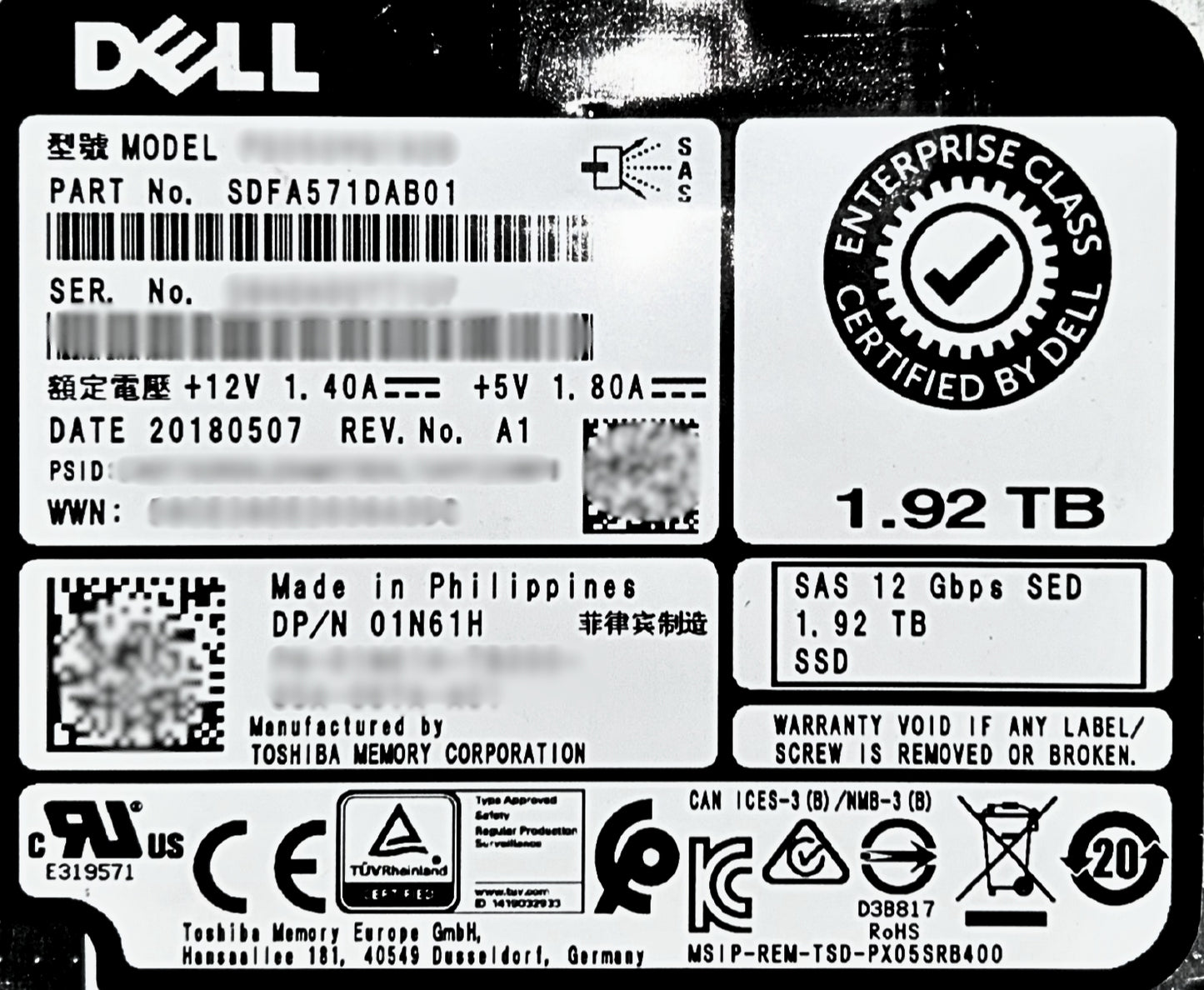 Dell 1N61H 1.92TB SSD SAS 2.5 12G MU SED PX05SVQ192B/SDFA571DAB01 ME4xx, Used