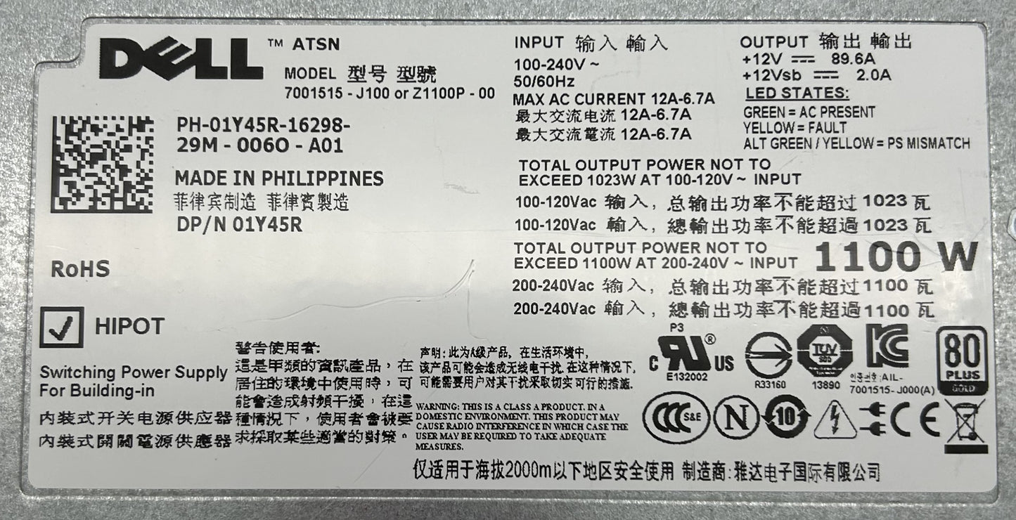 Dell 1Y45R 1100W Power Supply 510/R810/R910, Used