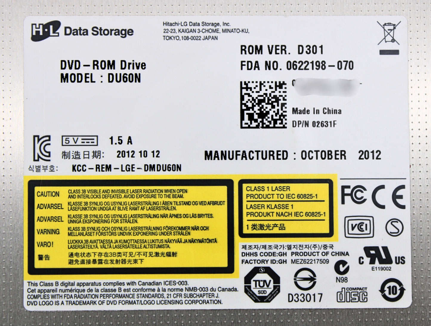 Dell 2631F DVD-ROM 8X Slimline SATA R620, Used