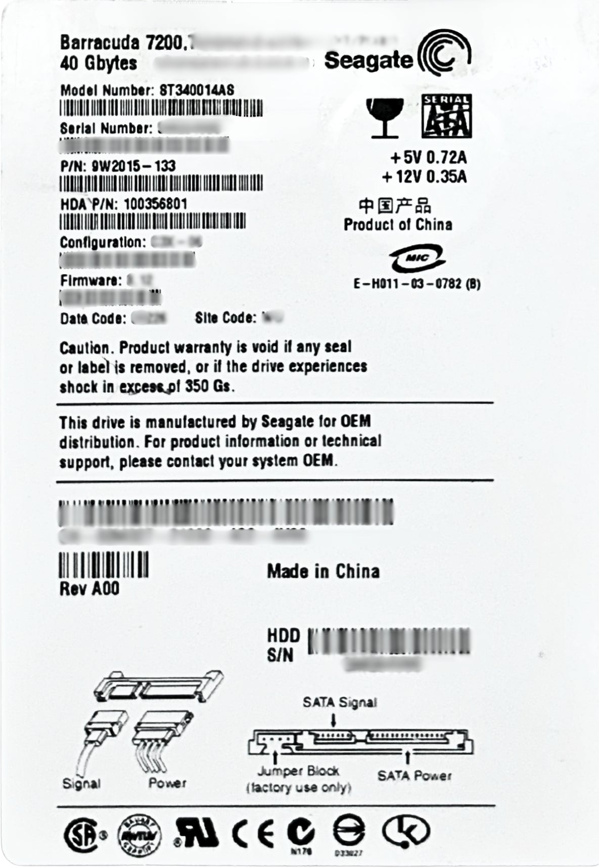 Dell 2M327 40GB 7.2K SATA 3.5 1.5G Seagate HDD, Used