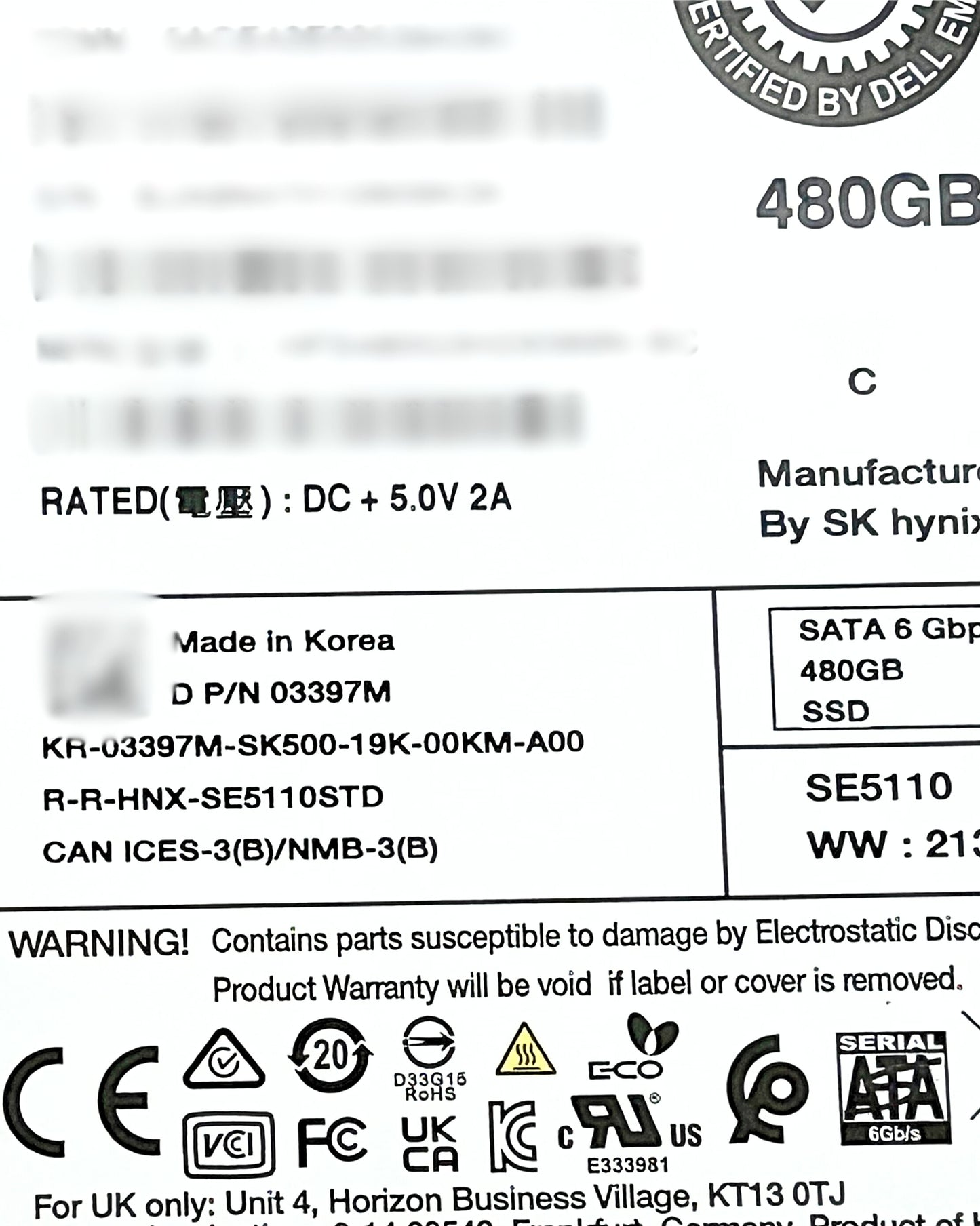 Dell 3397M 480GB SSD SATA 2.5 Inch 6G RI SE5110, Used