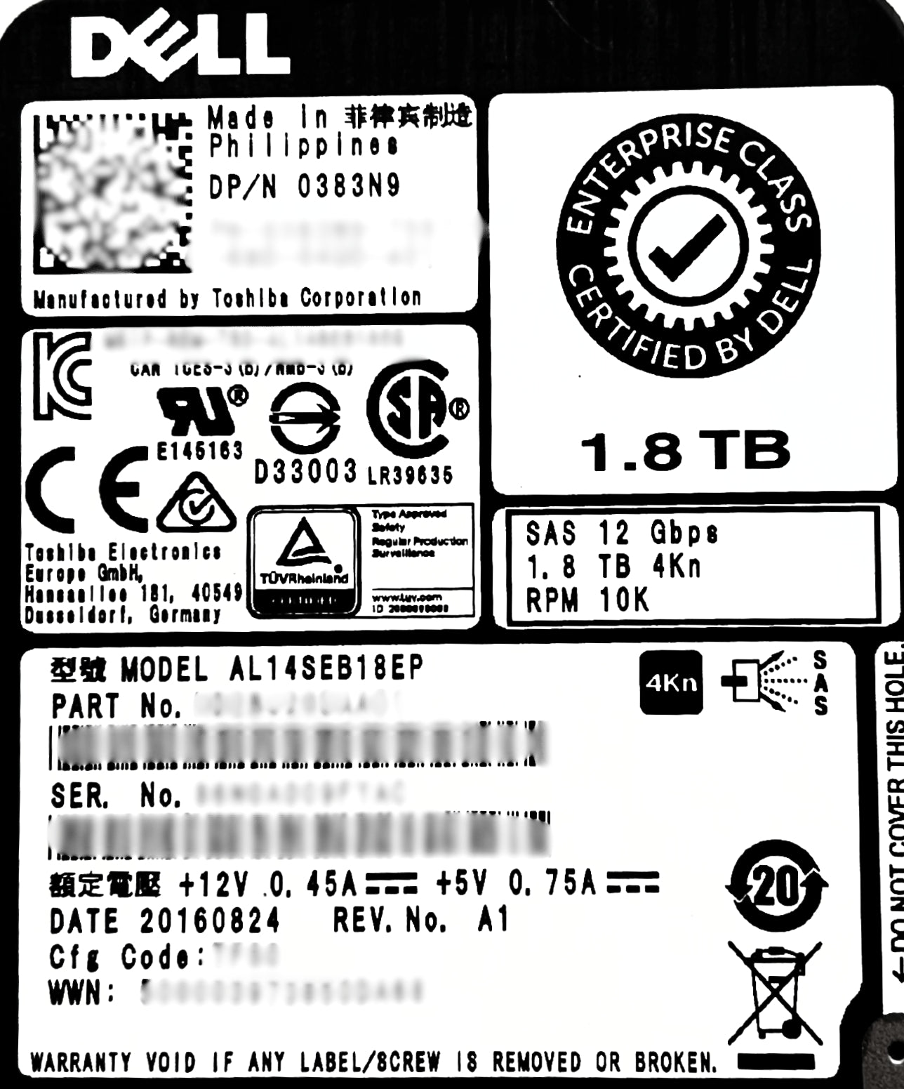 Dell 383N9 1.8TB 10K SAS 2.5 12G 4KN HBEBJ20DA5, Used