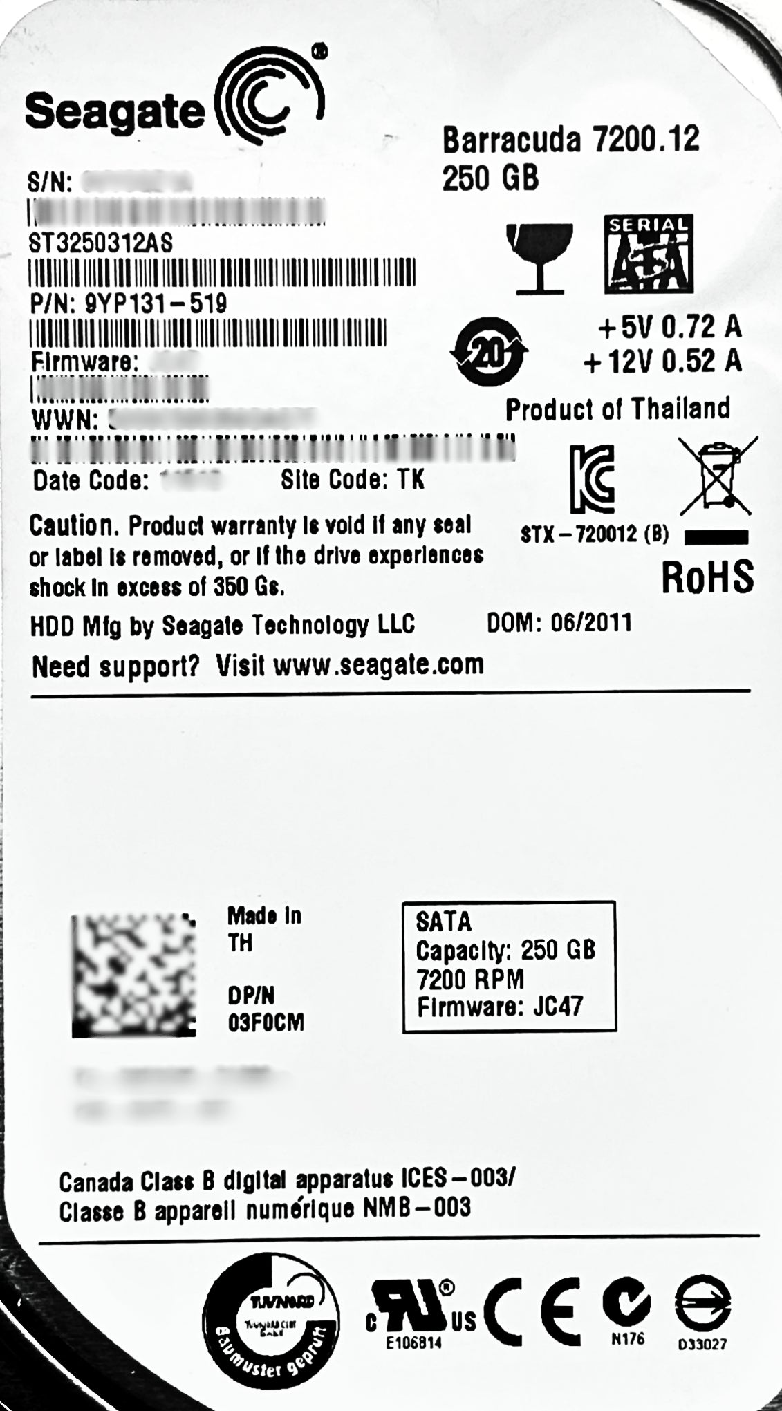 Dell 3F0CM 250GB 7.2K SATA 3.5 6G ST3250312AS, Used