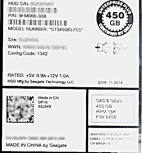 Dell 3J3K9 450GB 15K SAS 3.5" 6G, Used
