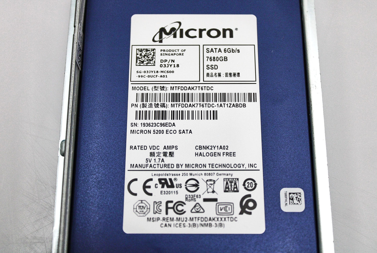 Dell 3JY18 7.68TB SSD SATA 2.5 6G MICRON 5200 MTFDDAK7T6TDC-1AT1ZABYY, Used