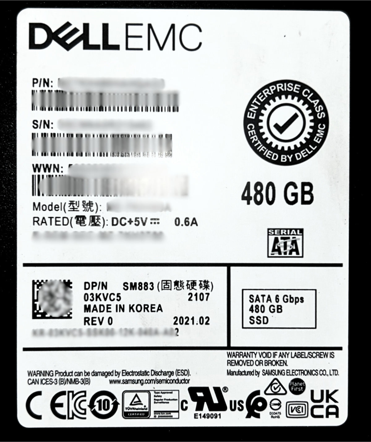 Dell 3KVC5 480GB SSD SATA 2.5 6G MU MZ7KH480H3, Used