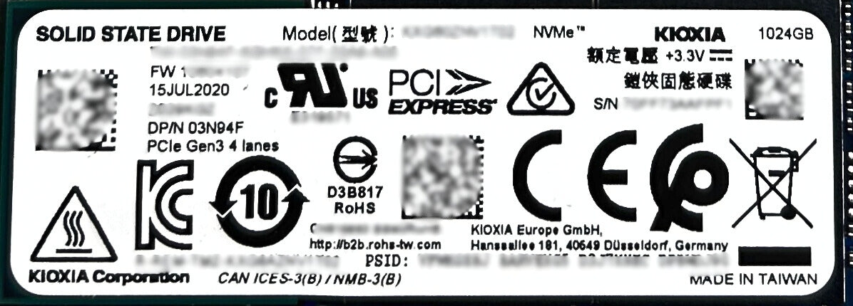 Dell 3N94F 1TB SSD M.2 NVME 80 G3X4 (1) (40), Used