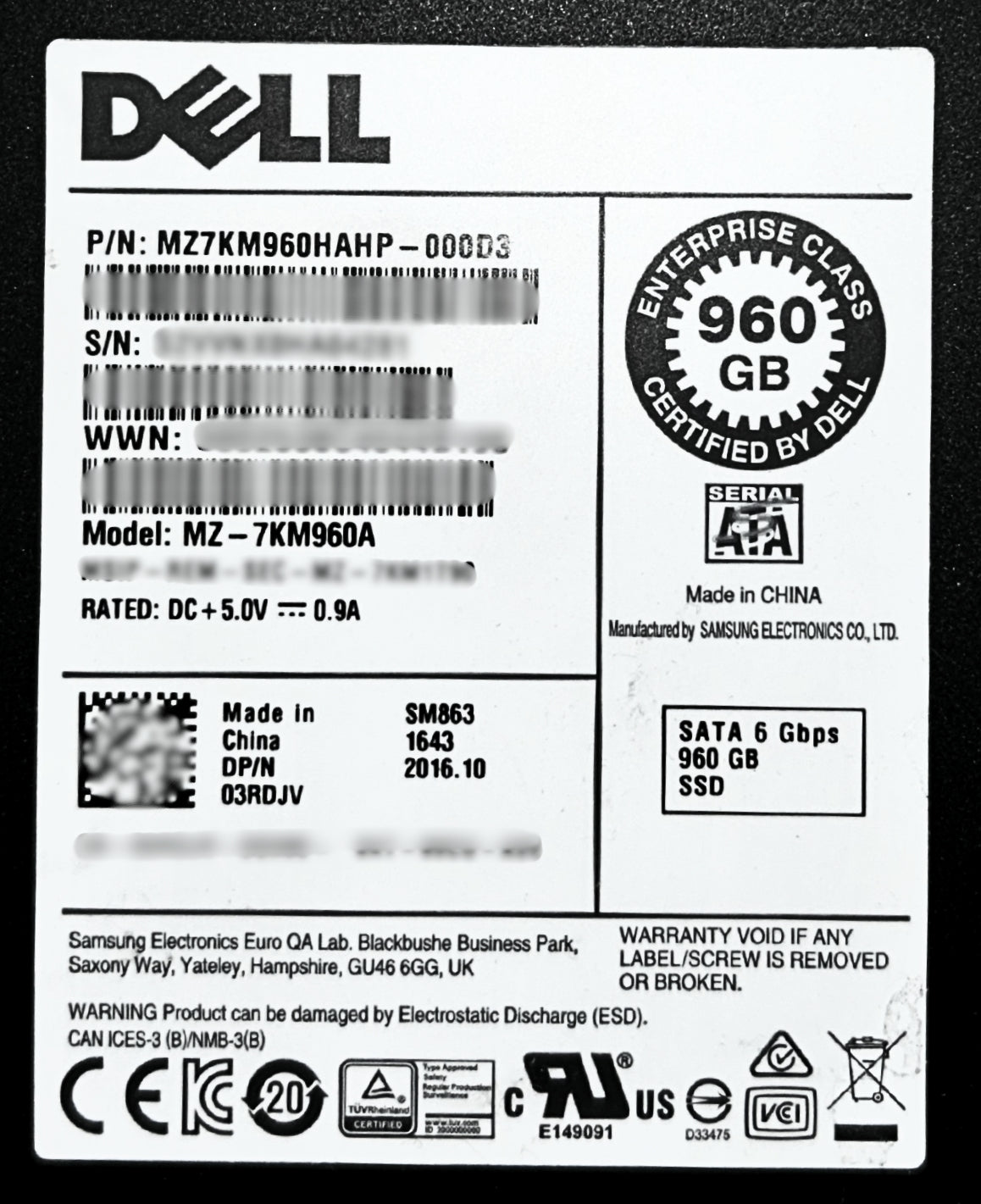 Dell 3RDJV 960GB SSD SATA 2.5 6G MU MLC MZ7KM960HAHP-000D3 / MZ-7KM960A, Used